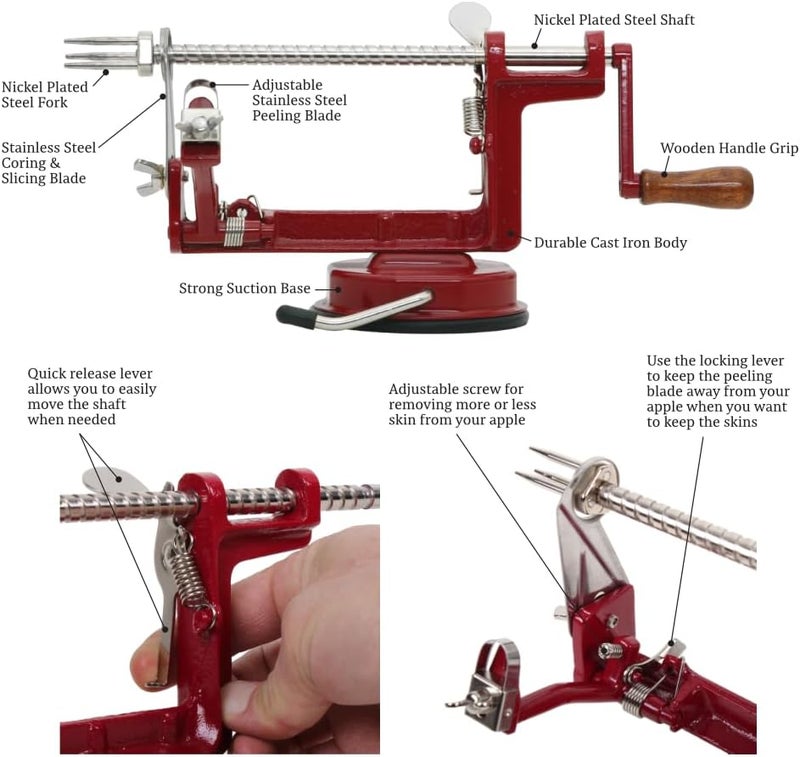 Johnny Apple Peeler, Corer, Slicer, Pie Maker with Stainless Steel Blades - Red VKP1010 - Image 5